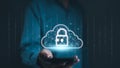 Cloud computing technology to database storage security concept. Man showing cloud with padlock icon on network connection. Royalty Free Stock Photo