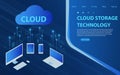 Cloud computing technology users network configuration isometric advertisement poster with pc monitor tablet phone laptop.