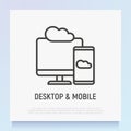 Cloud computing thin line icon: smartphone sync with desktop. Modern vector illustration