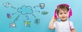 Cloud computing with toddler boy with headphones Royalty Free Stock Photo