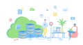 Cloud computing, Web services, Data storage, Hosting. Users connect to the cloud servers from laptop, computer, phone. Vector illu
