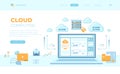 Cloud computing and web services, technology, data storage, hosting, connection. Login page and password on laptop screen, server.