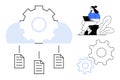Cloud Computing Workflow with Gear Icon, Data Files, and Remote Work Concept Royalty Free Stock Photo
