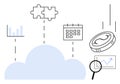Cloud-based Data Integration with Graphs, Calendar, Magnifying Glass, Puzzle, and Coin Icons Royalty Free Stock Photo