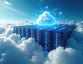 Cloud data center servers sit above clouds. Virtual cloud hosts data transfer. Hosting service on blue sky stores information Royalty Free Stock Photo