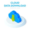 Cloud Data Download Icon. 3D Isometric Cloud with Download Arrow. Created For Mobile, Web, Decor, Print Products, Application.