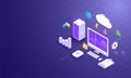 Cloud data downloading and uploading, 3d desktop with cloud server and multiple business equipments on shiny grid background. Dat Royalty Free Stock Photo