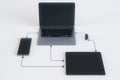 Cloud data exchange and wireless connection concept with modern digital tablet, laptop, smartphone and smart watches connected by