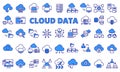 Cloud data icon set in line design blue. Data, Storage, Upload, Download, Server, Backup, Files vector illustrations