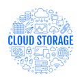 Cloud data storage circle poster with line icons. Database background, information, server center, global network Royalty Free Stock Photo