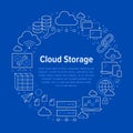 Cloud data storage circle poster with line icons. Database background, information, server center, global network