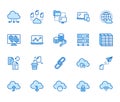 Cloud data storage line icons set. Database, information storage, server center, global network, backup, download vector