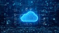 Cloud data storage network featuring a glowing cloud icon connected to various file types on digital interface. cloud computing