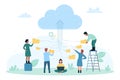 Cloud data storage, network technology, tiny people holding folders to download files