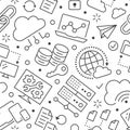 Cloud data storage seamless pattern with line icons. Database background, information storage, server center, global