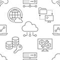 Cloud data storage seamless pattern with line icons. Database background, information storage, server center, global