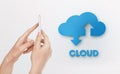 Cloud Data Storage Service. Female Hands Using Smartphone, Synchronising Information From Device Royalty Free Stock Photo