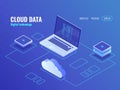 Cloud data storage services, server room isometric icon, laptop with program code on screen, secure data transfer Royalty Free Stock Photo