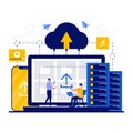 Cloud data storage technology concept with tiny character. People upload photo documents and files to server cloud datacenter flat