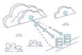 Cloud data transfer illustration showing arrows from clouds to database systems with graphical elements representing connectivity Royalty Free Stock Photo