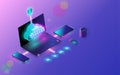 Cloud database connect by smartphone, laptop, and tablet modern concept design, web server hosting, cloud computing, data sync Royalty Free Stock Photo