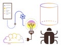 Data Workflow with Cloud, Bug, Database, Gear Connection, and Light Bulb Representing Innovation Royalty Free Stock Photo