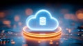 Cloud database hologram on circuitry representing scalable cloud storage data management and secure backup systems. Royalty Free Stock Photo