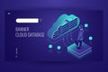 Cloud database, isometric icon, data cloud computing, man stay on platform, dark violet