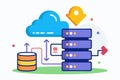 Cloud database server illustration displaying network connections, data management processes, and a cloud computing concept with Royalty Free Stock Photo