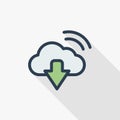 Cloud download, computer technology thin line flat color icon. Linear vector symbol. Colorful long shadow design. Royalty Free Stock Photo