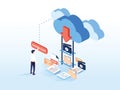 Cloud download flat isometric vector. People are downloading some content like video, music Royalty Free Stock Photo