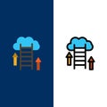 Cloud, Download, Upload, Data, Server  Icons. Flat and Line Filled Icon Set Vector Blue Background Royalty Free Stock Photo