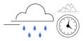 Cloud emitting rain with ice and clock symbolizing time, weather, and environmental concepts Royalty Free Stock Photo