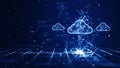 Cloud and edge computing technology concept with cybersecurity data protection system. Three large cloud icons stand out on the Royalty Free Stock Photo