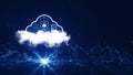 Cloud and edge computing technology concepts with cybersecurity data protection. A large cloud icon above a prominent white cloud