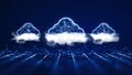 Cloud and edge computing technology concepts. A large cloud icon over three prominent white clouds. polygon connection on dark