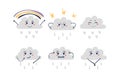 Cloud emoticon with different emotions, thunderstorm, rainbow, rain, cute flat icon for weather forecast, kindergarten