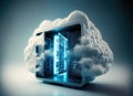 The cloud envelops a computer server, showcasing the integration of cloud computing into the infrastructure of modern technology. Royalty Free Stock Photo