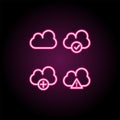 Cloud, exclamatory, check, plus sign neon icon. Simple thin line, outline vector of web icons for ui and ux, website or mobile