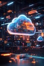 cloud file integration, Holographic cloud file interface showcasing vibrant data streams, glowing in a dim tech lab, with files