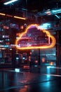 cloud file integration, Holographic cloud file interface showcasing vibrant data streams, glowing in a dim tech lab, with files