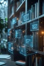 Cloud file integration, In a modern, sleek office setting, an interactive holographic interface reveals file integration across