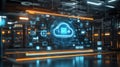 Cloud file integration, A striking holographic visualization of cloud-based file integration, displaying swirling data flows