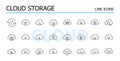 Cloud file storage vector icons. Settings, updates, backup. Virtual data synchronization