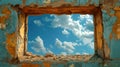 Picturesque blue sky through the ruins, a sight of hope and regrowth. perfect for backgrounds and wall art. ideal for Royalty Free Stock Photo