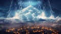 A cloud-filled sky with virtual servers and data centers interconnected by lightning bolts, symbolizing the power and reach of Royalty Free Stock Photo