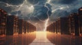 A cloud-filled sky with virtual servers and data centers interconnected by lightning bolts, symbolizing the power and reach of Royalty Free Stock Photo