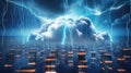 A cloud-filled sky with virtual servers and data centers interconnected by lightning bolts, symbolizing the power and reach of Royalty Free Stock Photo