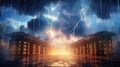 A cloud-filled sky with virtual servers and data centers interconnected by lightning bolts, symbolizing the power and reach of Royalty Free Stock Photo