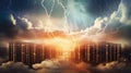 A cloud-filled sky with virtual servers and data centers interconnected by lightning bolts, symbolizing the power and reach of Royalty Free Stock Photo